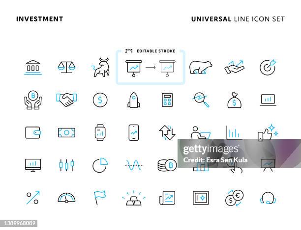 investment universal two color line icon set with editable stroke. icons are suitable for web page, mobile app, ui, ux and gui design. - two tone stock illustrations