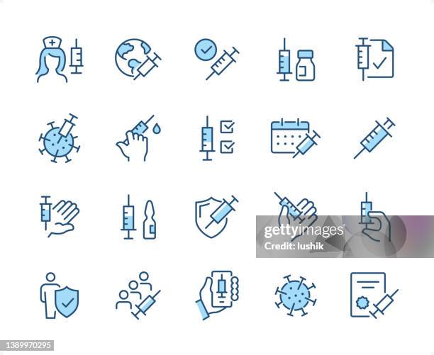 bildbanksillustrationer, clip art samt tecknat material och ikoner med vaccination icon set. editable stroke weight. pixel perfect dichromatic icons. - injicera