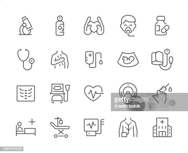 illustrations, cliparts, dessins animés et icônes de jeu d’icônes de diagnostic. poids de contour modifiable. icônes parfaites au pixel près. - medical symbol stock