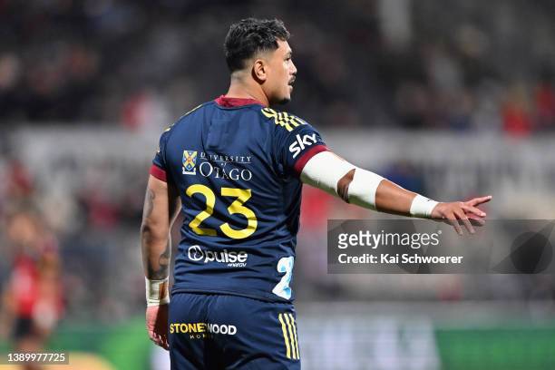 Denny Solomona of the Highlanders reacts during the round seven Super Rugby Pacific match between the Crusaders and the Highlanders at Orangetheory...
