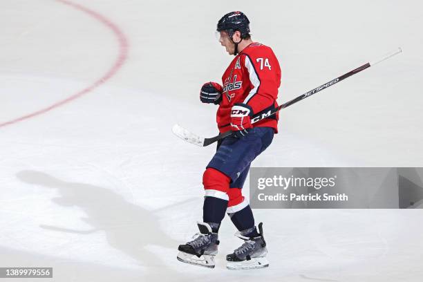 John Carlson of the Washington Capitals celebrates his goal against the Tampa Bay Lightning during the first period at Capital One Arena on April 6,...