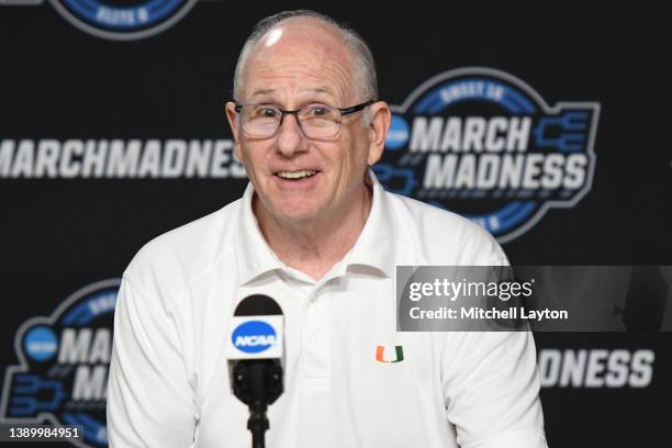 Head coach Jim Larranga of the Miami Hurricanes addresses the media after the NCAA Men's Basketball Tournament Sweet 16 game against the Iowa State...