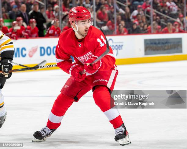 Filip Zadina of the Detroit Red Wings skates up ice against the Boston Bruins during the first period of an NHL game at Little Caesars Arena on April...