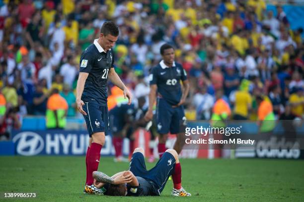Laurent Koscielny and Mathieu Debuchy of France after loosing the World Cup Quarter Final match between Germany and France at the Maracana- Estadio...