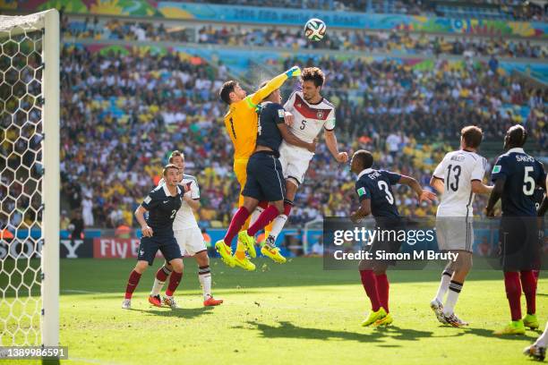 Hugo Lloris goalie and Raphael Varane of France and Mats Hummels of Germany during World Cup Quarter Final match between Germany and France at the...