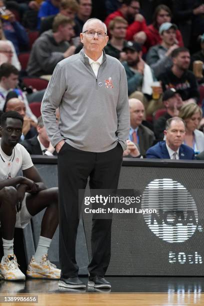 Head coach Jim Larranga of the Miami Hurricanes looks on during the NCAA Men's Basketball Tournament Sweet 16 game against the Iowa State Cyclones at...