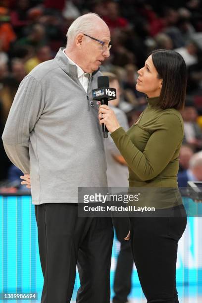 Head coach Jim Larranga of the Miami Hurricanes is interviewed by CBS on court announcer Dane Jacobson during the NCAA Men's Basketball Tournament...