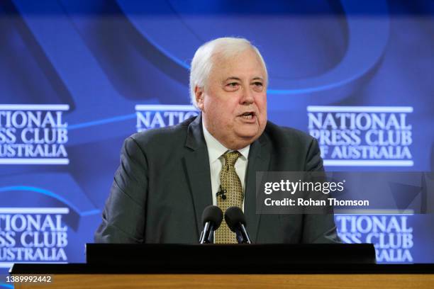 Clive Palmer, Chairman of The United Australia Party, delivers the National Press Club address at the National Press Club on April 07, 2022 in...