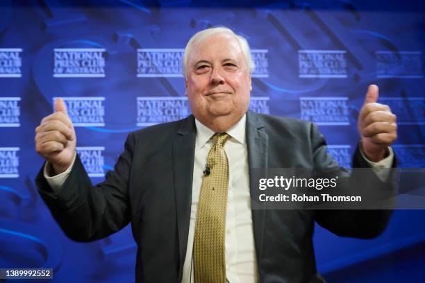 Clive Palmer, Chairman of The United Australia Party, delivers the National Press Club address at the National Press Club on April 07, 2022 in...