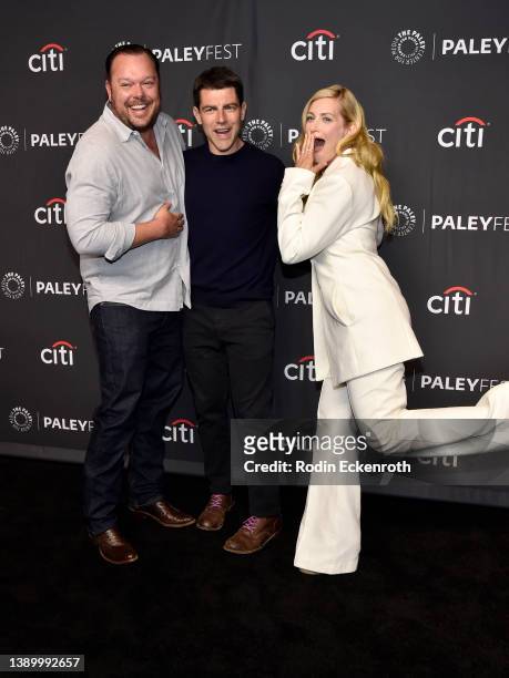 Michael Gladis, Max Greenfield and Beth Behrs attend the premiere of "Ghosts" and "The Neighborhood" during the 39th annual PaleyFest LA at Dolby...