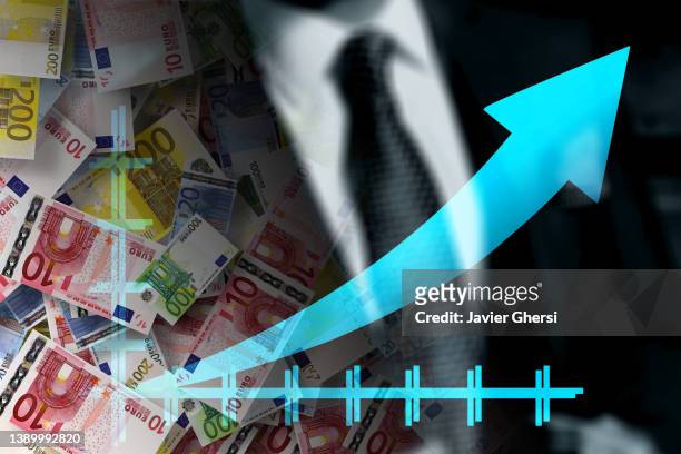 economy graph: rising blue arrow, euros and businessman - french budget stock pictures, royalty-free photos & images