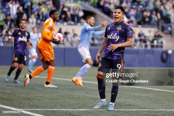 Raúl Ruidíaz of Seattle Sounders reacts during the first half against New York City FC during the CONCACAF Champions League Semifinals at Lumen Field...