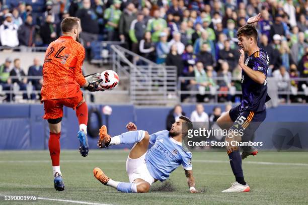 Stefan Frei of Seattle Sounders makes a save against Valentín Castellanos of New York City FC during the second half during the CONCACAF Champions...