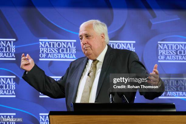 Clive Palmer, Chairman of The United Australia Party, delivers the National Press Club address at the National Press Club on April 07, 2022 in...