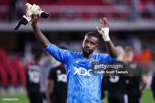 Bill Hamid of D.C. United salutes fans after the MLS game against Atlanta United at Audi Field on April 2, 2022 in Washington, DC.