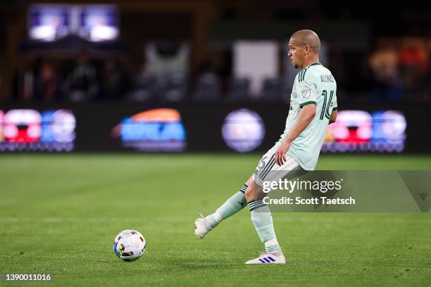 Osvaldo Alonso of Atlanta United kicks the ball against D.C. United during the first half of the MLS game at Audi Field on April 2, 2022 in...