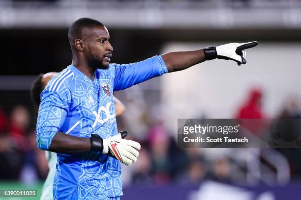Bill Hamid of D.C. United reacts to a play against Atlanta United during the second half of the MLS game at Audi Field on April 2, 2022 in...