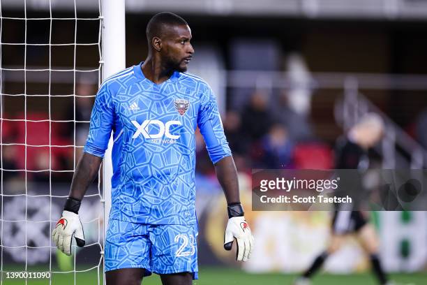 Bill Hamid of D.C. United reacts to a play against Atlanta United during the second half of the MLS game at Audi Field on April 2, 2022 in...