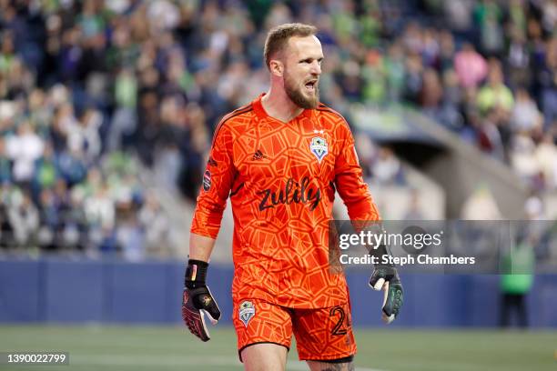 Stefan Frei of Seattle Sounders reacts against the New York City in the second half during the CONCACAF Champions League Semifinals at Lumen Field on...