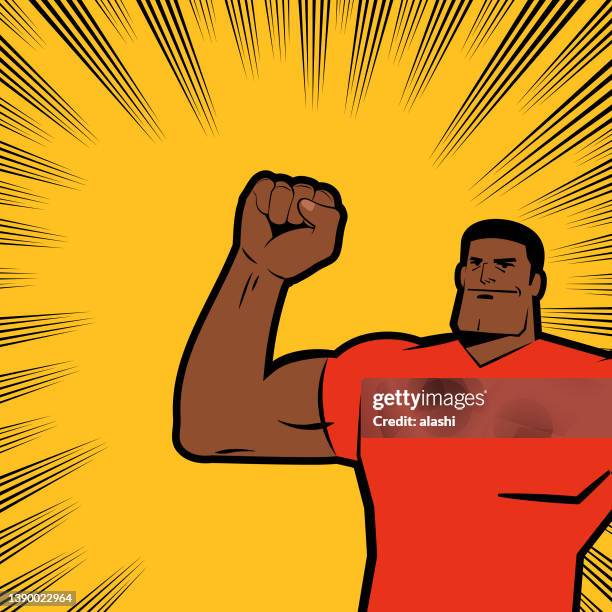 illustrazioni stock, clip art, cartoni animati e icone di tendenza di un uomo forte alza un pugno nelle linee di effetti dei fumetti sullo sfondo - black man in boxers