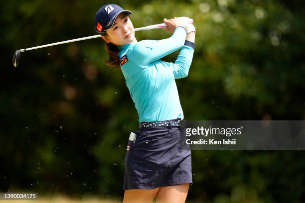 Rei Matsuda of Japan plays her tee shot on the 6th hole during the first round of Hanasaka Ladies Yanmar Golf Tournament at Biwako Country Club on...