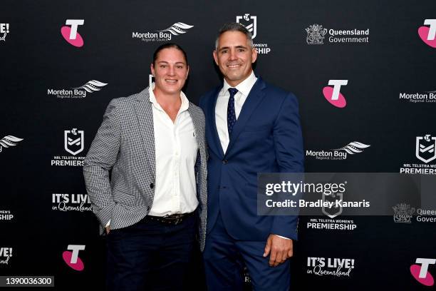 Stephanie Hancock and Corey Parker pose for a photo during the 2021 NRLW Awards at Rivershed on April 07, 2022 in Brisbane, Australia.