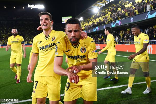 Francis Coquelin of Villarreal CF celebrates a goal which was later disallowed after a VAR review during the UEFA Champions League Quarter Final Leg...