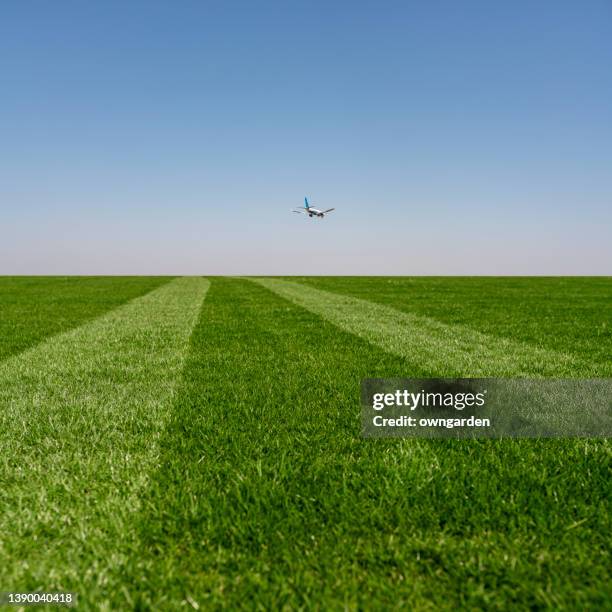 airplane landing - golfgreen stock pictures, royalty-free photos & images