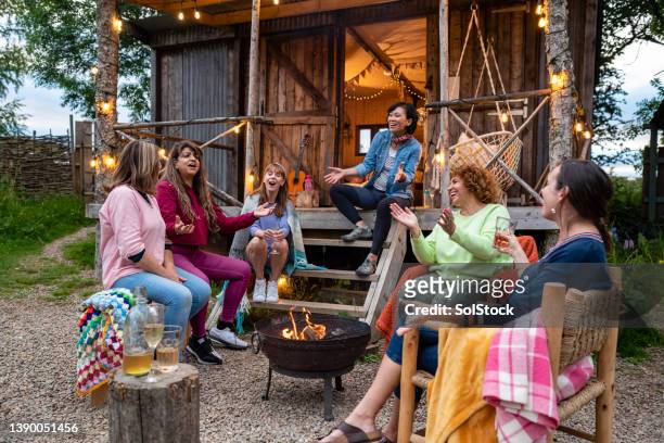 friends enjoying the fire pit - rustic cabin stock pictures, royalty-free photos & images