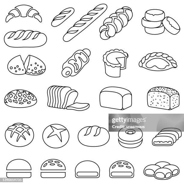 ilustraciones, imágenes clip art, dibujos animados e iconos de stock de iconos de pan y pastelería de panadería - barra de pan francés