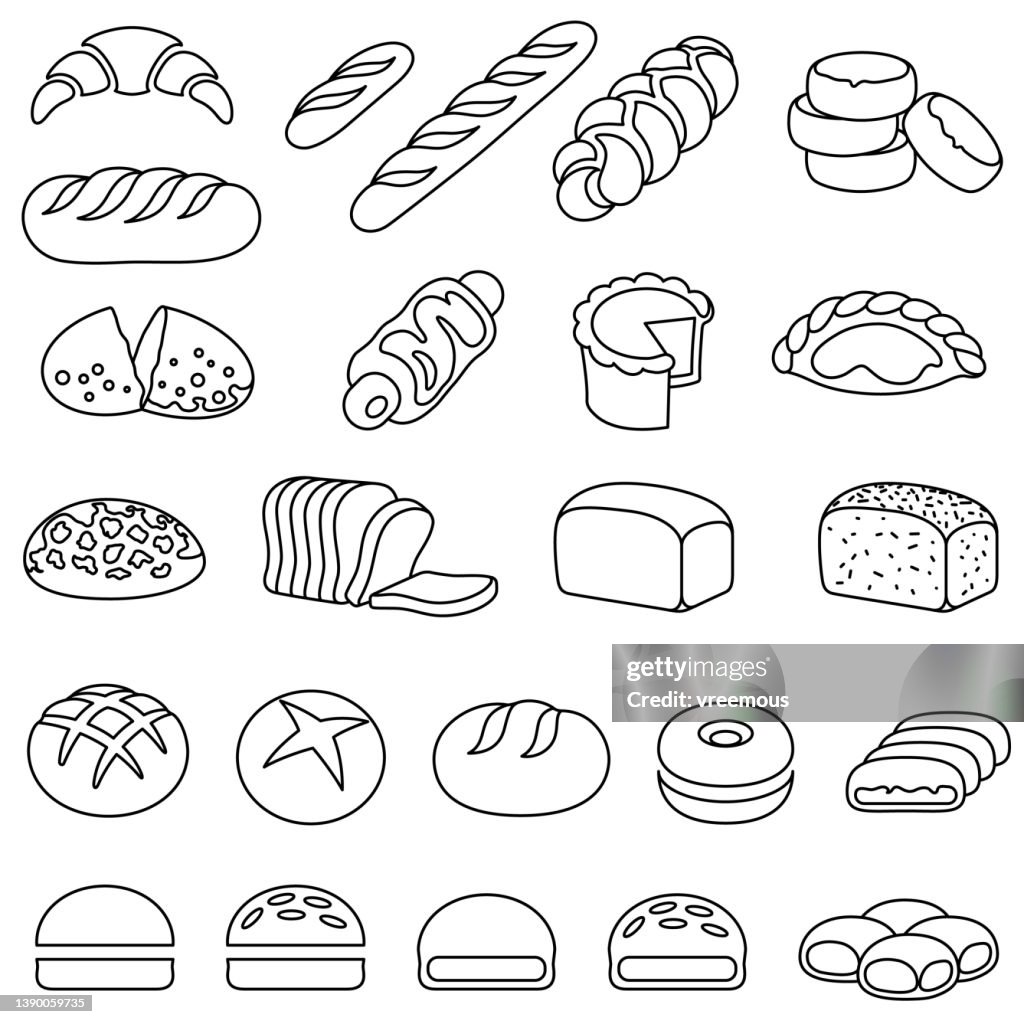 Bakery Bread and Pastry Outline Icons