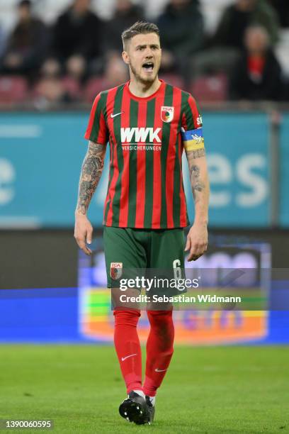 Jeffrey Gouweleeuw of FC Augsburg gestures during the Bundesliga match between FC Augsburg and 1. FSV Mainz 05 at WWK-Arena on April 06, 2022 in...