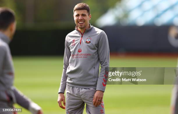 Jan Bednarek during a Southampton FC training session at the Staplewood Campus on April 07, 2022 in Southampton, England.