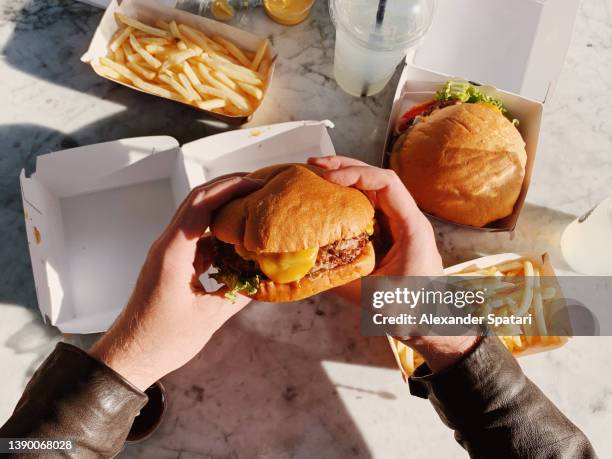 man eating a cheeseburger with french fries, personal perspective view - cheeseburger and fries stock-fotos und bilder