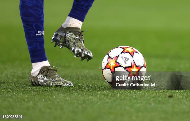 Detailed view. Of the boots of David Alaba of Real Madrid as he kicks the ball during the UEFA Champions League Quarter Final Leg One match between...