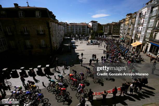 General view of the peloton compete around the Virgen Blanca Square in Vitoria city at start during the 61st Itzulia Basque Country 2022 - Stage 4 a...