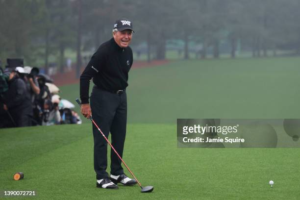 Honorary starter and Masters champion Gary Player laughs on the first tee during the opening ceremony prior to the start of the first round of the...