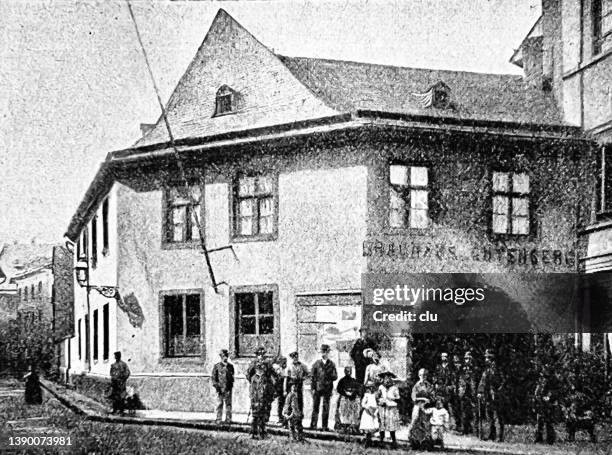 johannes gutenberg's first workshop in mainz, hof zum jungen - jungen stock illustrations