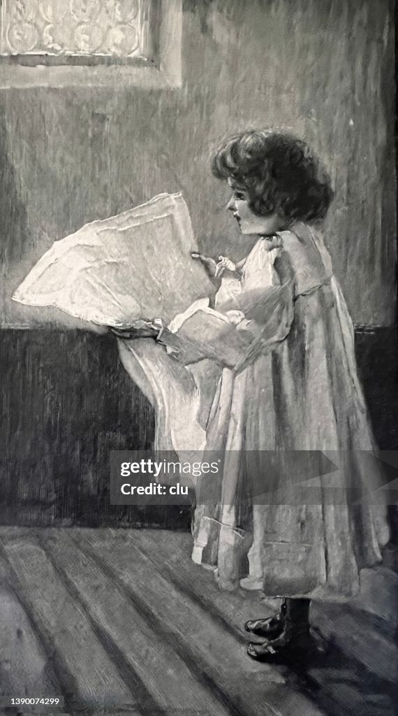 Girl standing and reading the newspaper like her father