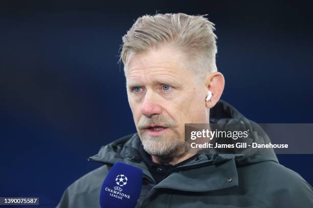 Peter Schmeichel looks on during the UEFA Champions League Quarter Final Leg One match between Manchester City and Atlético Madrid at City of...