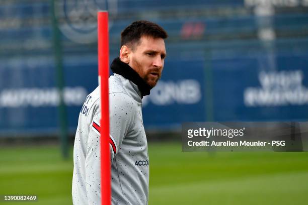 Leo Messi looks on during a Paris Saint-Germain training session at Ooredoo Center on April 07, 2022 in Paris, France.