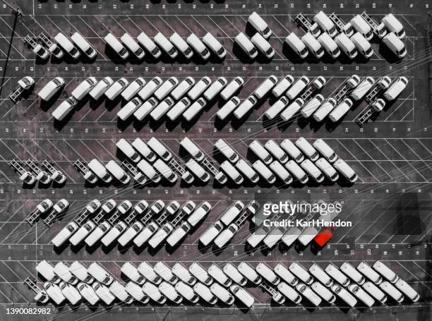 an aerial view of van's in a car park - luton stock pictures, royalty-free photos & images