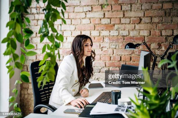successful business owner working at computer in office - desk with green space view stock pictures, royalty-free photos & images