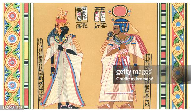 old chromolithograph illustration of king amenhotep i, second pharaoh of the 18th dynasty of egypt and ahmose-nefertari, queen consort of egypt - pharaoh stock pictures, royalty-free photos & images