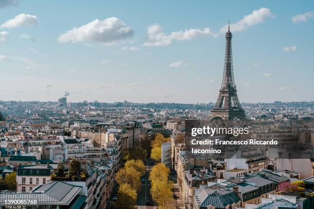 eiffel tower and the buildings of paris, high point of view. champs elysees, france, europe - paris skyline fotografías e imágenes de stock