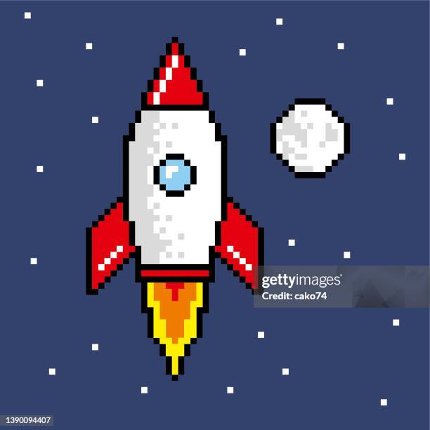 pixel rocket illustration - cosmonaut stock illustrations