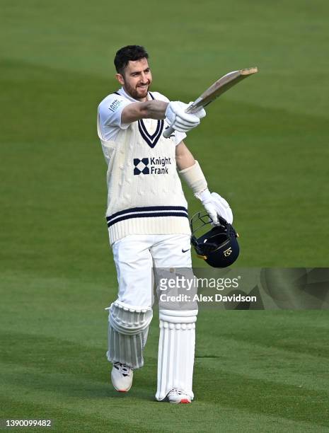 Stephen Eskinazi of Middlesex celebrates reaching his century during Day One of the LV= Insurance County Championship match between Middlesex and...
