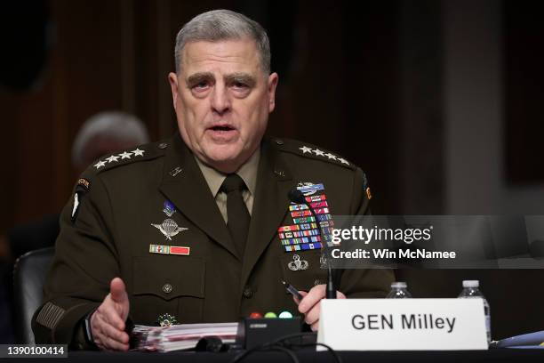 General Mark Milley, Chairman of the Joint Chiefs of Staff, testifies before the Senate Armed Services Committee April 7, 2022 in Washington, DC....