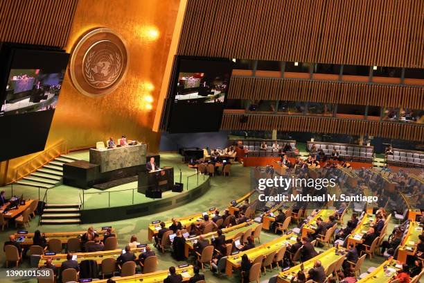 Sergiy Kyslytsya, Permanent Representative of Ukraine to the United Nations, speaks as members of the United Nations General Assembly meet for a...