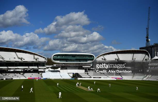 General view of play during Day One of the LV= Insurance County Championship match between Middlesex and Derbyshire at Lord's Cricket Ground on April...